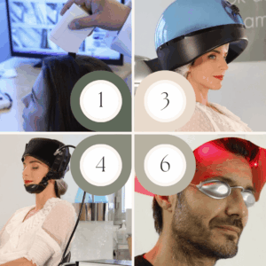 Collage of trichological scalp treatment steps: 1. ScalpCheck® analysis with a microscope camera, 3. Vapozono steam therapy under a dome device, 4. Tricopress lymphatic scalp massage machine, 6. Red light therapy for scalp health.