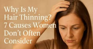 A concerned woman examining her thinning hair at the scalp—reflecting the emotional toll of hair loss and the need for compassionate, expert hair loss solutions in Cleveland.