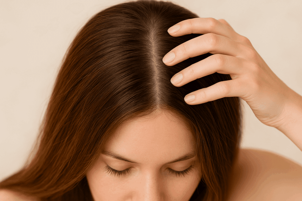 Close-up of a woman parting her hair to reveal a clean, healthy scalp