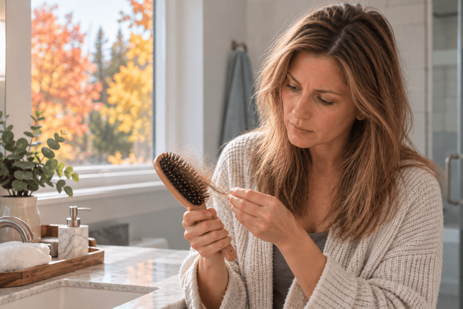 Woman noticing increased hair shedding in her brush during the fall season