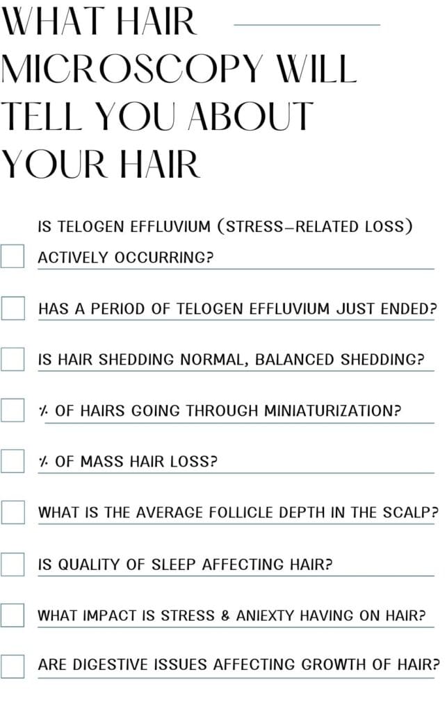 Hair Microscopy gives the patient the ability to scientifically determine the following about their hair: Is Telogen Effluvium (Stress-related hair loss) actively occurring, has a period of Telogen Effluvium just ended, or has hair loss really not been an issue for you, and instead is normal balanced shedding? What is the percentage of hairs going through pre-miniaturized and/or miniaturized (hair thinning)? What is the percentage of mass hair loss based on the average caliber of the hair follicle? What is the average follicle depth in the scalp (Cause of quick hair fall-out)? Is hair being affected or compromised by the following: Quality of sleep Stress &amp; Anxiety Digestive issues