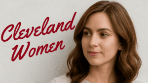A smiling woman with shoulder-length wavy hair stands against a light background, with the words “Cleveland Women” in bold red script above her.