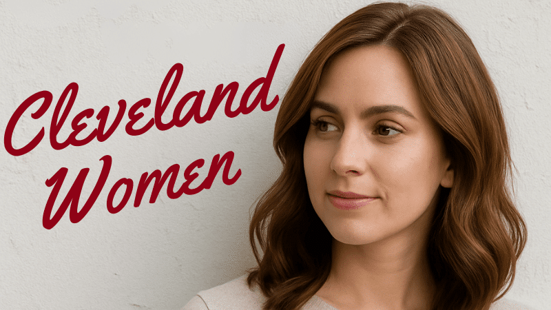 A smiling woman with shoulder-length wavy hair stands against a light background, with the words “Cleveland Women” in bold red script above her.