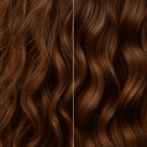 Side-by-side close-up of brown wavy hair showing a comparison between dry, frizzy strands on the left and smooth, hydrated, glossy strands on the right.