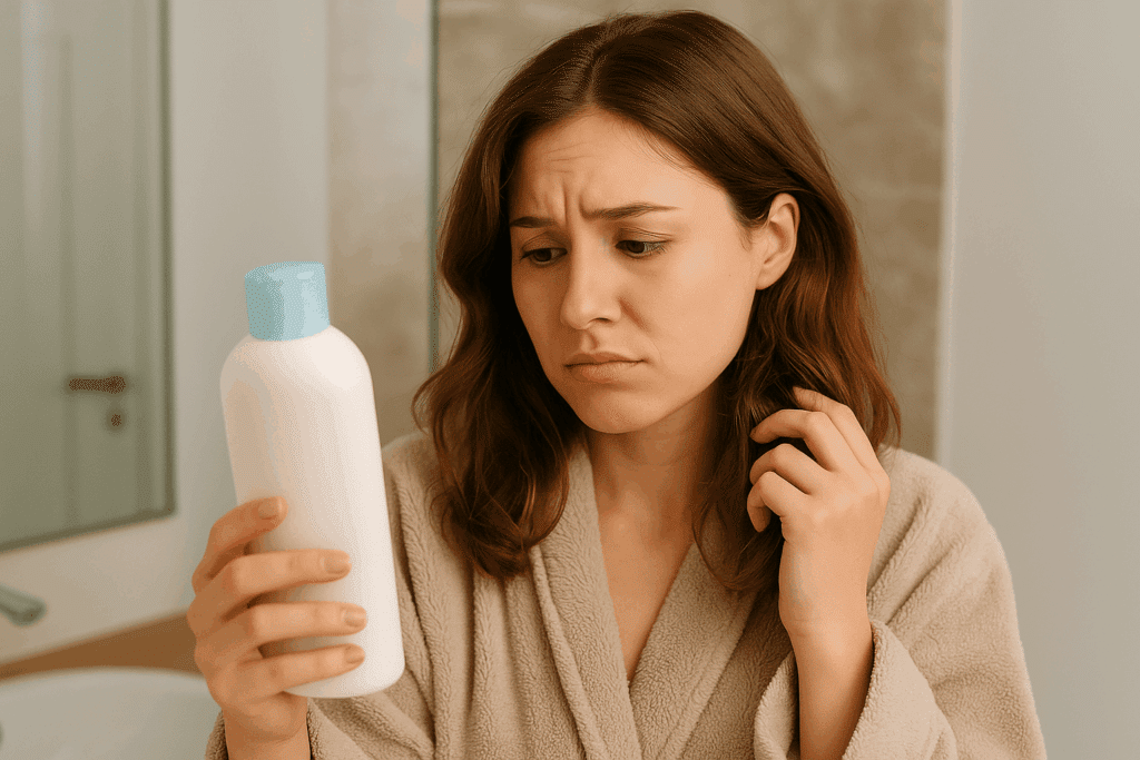 A woman wearing a bathrobe stands in a bathroom, looking disappointedly at a generic white conditioner bottle while touching her hair, suggesting the product is not working for her.