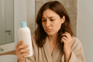A woman wearing a bathrobe stands in a bathroom, looking disappointedly at a generic white conditioner bottle while touching her hair, suggesting the product is not working for her.