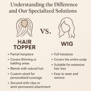 Infographic comparing features of hair toppers and wigs with clear bullet points on a beige background