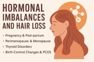 Illustration of a woman with hair loss, showing causes of hormonal imbalance including pregnancy, menopause, thyroid disorders, and PCOS.