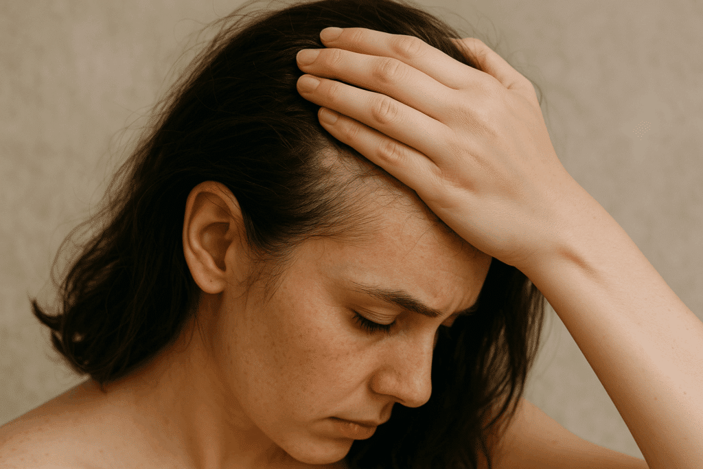 Close-up of a woman gently touching her scalp, symbolizing stress-related scalp sensitivity caused by elevated cortisol levels. The image represents how chronic stress hormones can affect scalp health and hair growth.