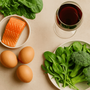 flat lay of healthy foods like salmon, eggs, and greens next to a glass of wine, representing how alcohol affects nutrition and hair health