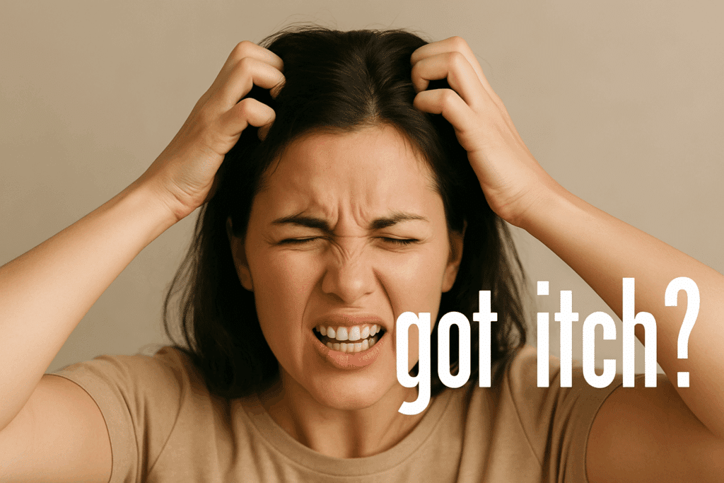 Woman scratching her itchy scalp with a frustrated expression, text overlay reads “got itch?”—visual concept for blog post about oily scalp and scalp inflammation.