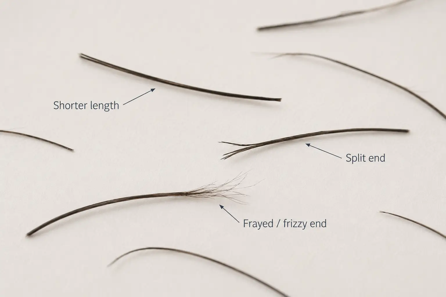 Illustration showing signs of hair breakage, including a rough strand texture, frayed areas, and split ends.
