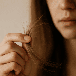 Close-up of a woman holding damaged hair strands with visible breakage and split ends, illustrating weakened hair caused by stress and cortisol imbalance, emphasizing scalp health and trichology care.