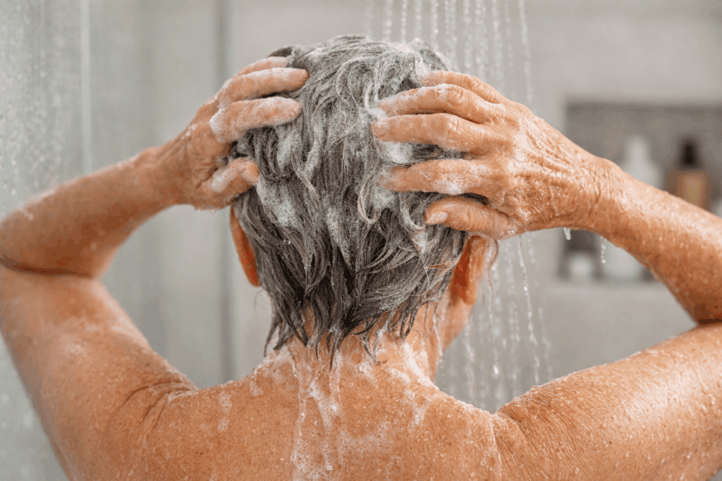 Older woman washing hair in shower from behind, illustrating how hard water and buildup can affect scalp health