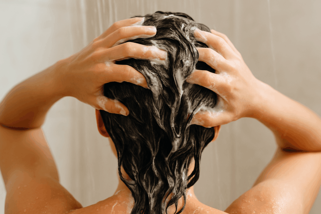 Washing a hair topper in the shower with shampoo lather for scalp health and topper care