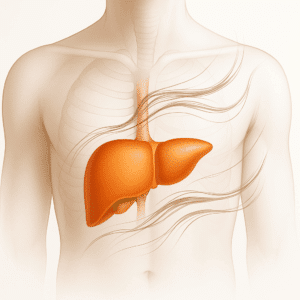 artistic image highlighting the human liver with faint overlay of hair strands, symbolizing how alcohol metabolism impacts hair growth and detox function