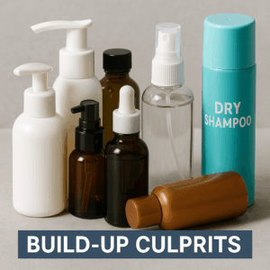 Assortment of hair products including dry shampoo, styling spray, and serums arranged together—representing common culprits of product buildup that can lead to itchy or oily scalp.