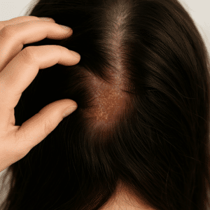 Close-up of an irritated scalp with oily dandruff buildup and redness, showing signs of inflammation linked to stress and high cortisol levels — representing scalp health and trichology care.