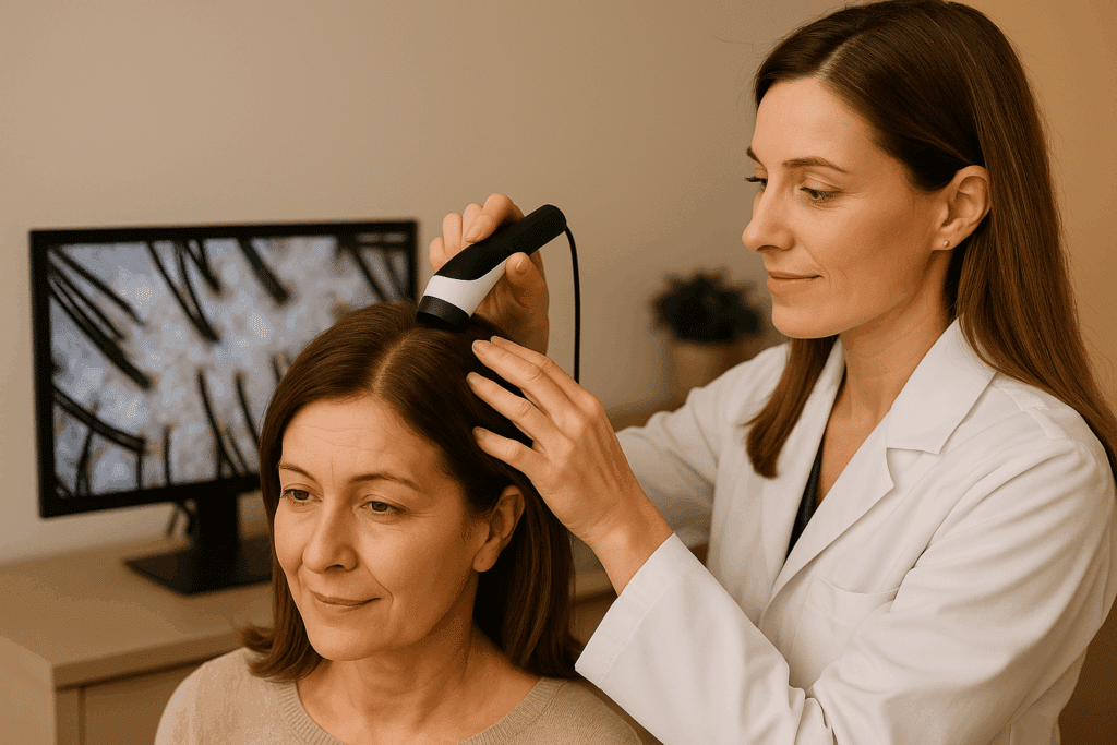 Trichologist performing a ScalpCheck® evaluation using a digital microscope while scalp imaging appears on the monitor behind the client.