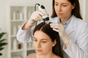 A trichologist using a handheld microscope to examine a young woman’s scalp during a consultation. The client appears calm and relaxed, emphasizing professional scalp analysis for itchy or oily scalp concerns.