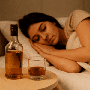 woman sleeping peacefully with a whiskey glass on a nightstand, illustrating how alcohol disrupts restorative sleep needed for scalp and hair health