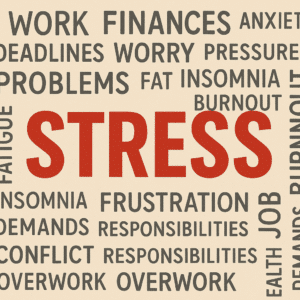 Conceptual graphic showing the word STRESS in bold red letters surrounded by smaller gray words like anxiety, deadlines, finances, and insomnia — visually representing common causes of stress linked to cortisol imbalance and hair loss.