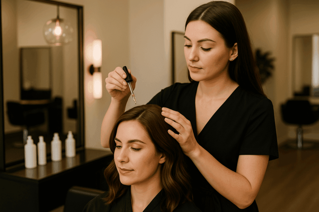 Professional stylist applying a scalp treatment with a dropper to a female client in a high-end Cleveland salon, highlighting trichology and scalp health services.