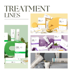 CRLAB treatment product lines used in our center and at home, including green hair loss prevention, yellow sebum control, purple dandruff and flaking, and soothing blue scalp care protocols.
