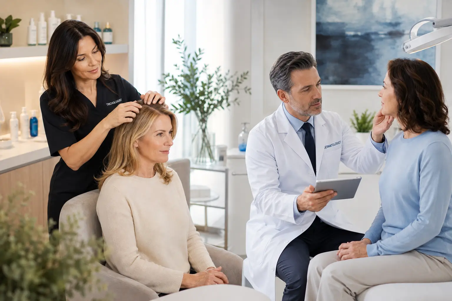 Trichologist evaluating a woman’s scalp while a dermatologist consults with another woman about hair and scalp concerns