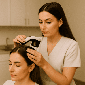 professional trichologist examining a woman’s scalp during a consultation