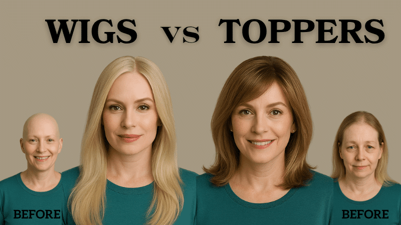 Side-by-side image showing two women before and after wearing hair solutions—one with a full wig and the other with a hair topper. Both women are wearing teal shirts. 'Wigs vs Toppers' is written across the top, with smaller 'Before' labels under their original looks.