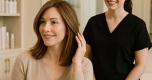 Woman in her 40s touching her new hair topper while looking in the mirror, with a stylist in black scrubs smiling behind her at a private hair loss solutions center.