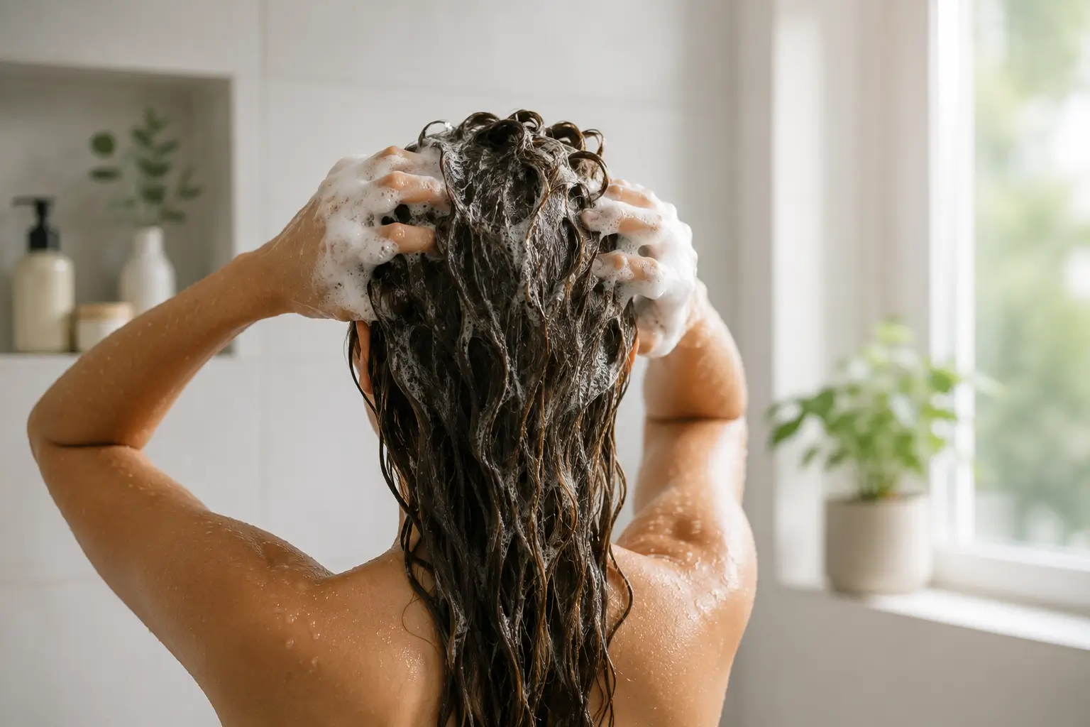 Woman shampooing her hair at home to gently cleanse the scalp and refresh hair without leaving it feeling stripped.