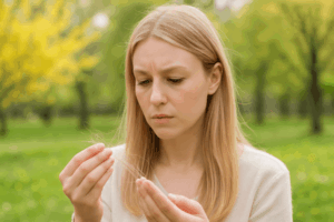 Woman noticing seasonal hair shedding while brushing outdoors in spring.