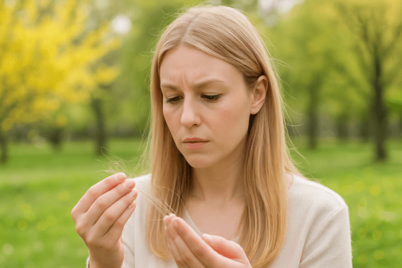 Blonde woman examining strands of hair in her hand outdoors during spring, with a calm expression and blooming trees in the background.
