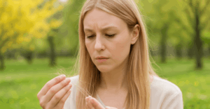 Blonde woman examining strands of hair in her hand outdoors during spring, with a calm expression and blooming trees in the background.