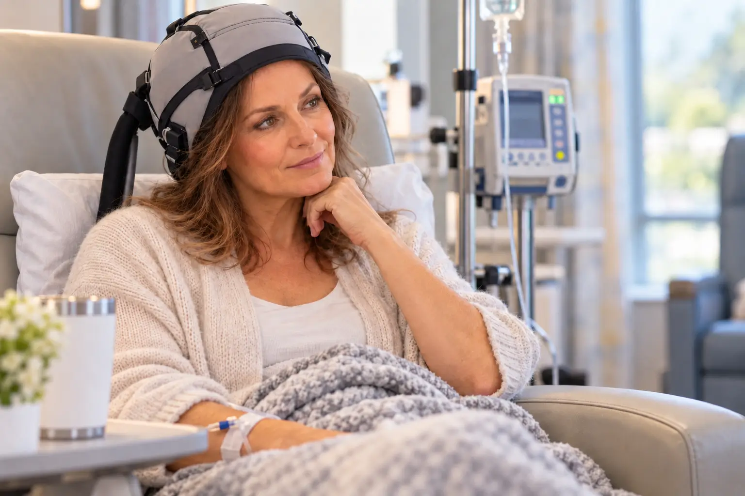 Woman wearing a cold cap during chemotherapy treatment in a hospital infusion setting.