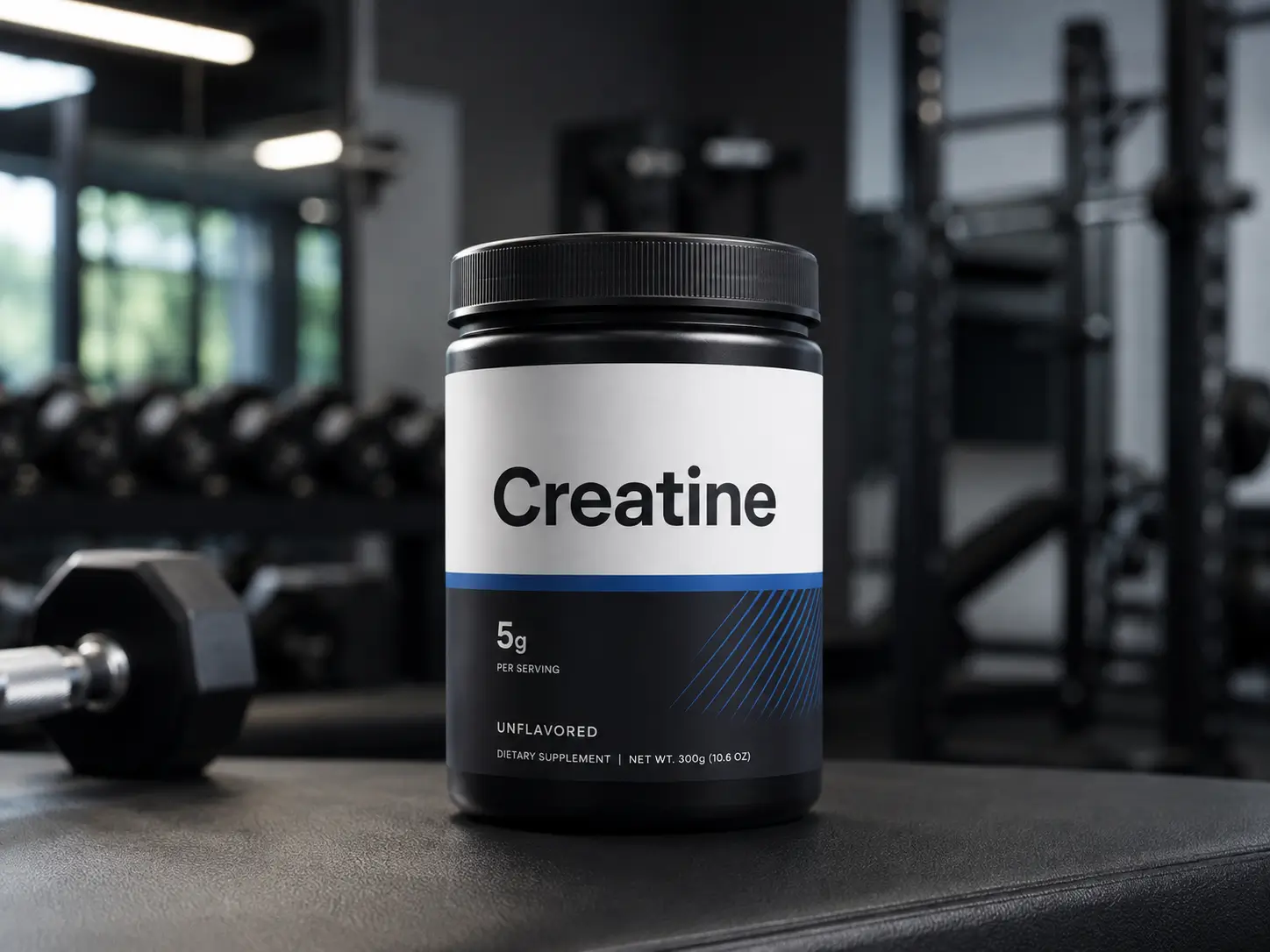 Black creatine supplement bottle in a gym setting with workout equipment blurred in the background