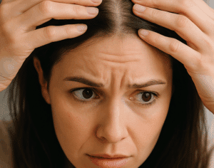 Woman experiencing hair loss checking for reversibility