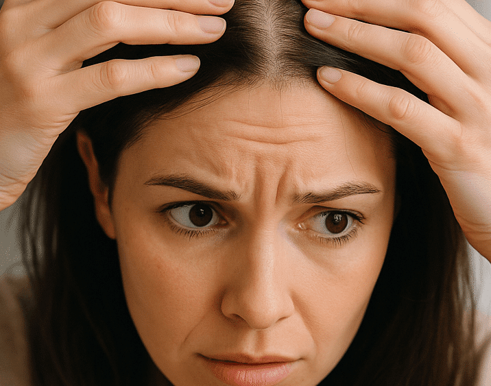 Woman experiencing hair loss checking for reversibility