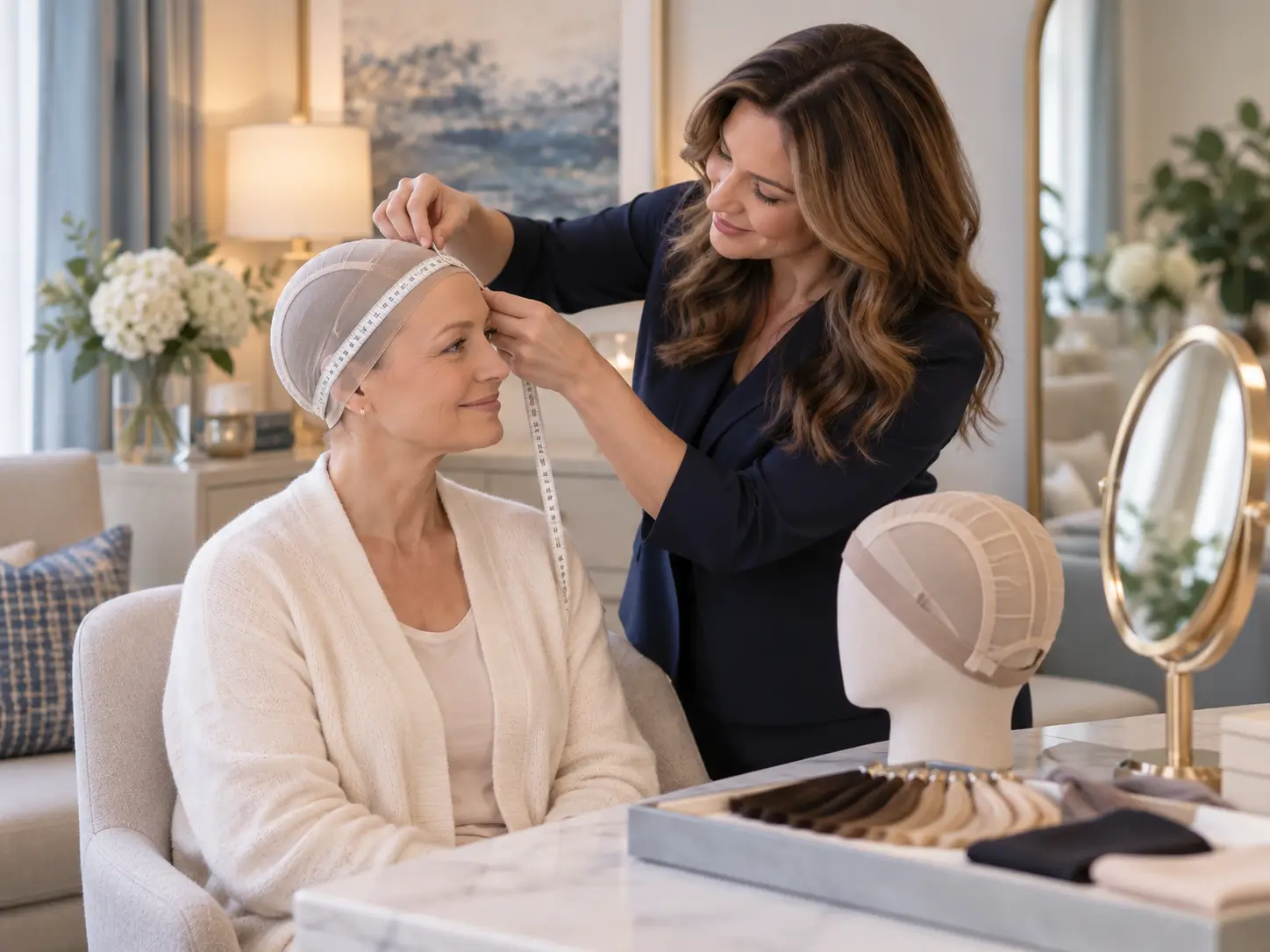 Specialist taking head measurements and checking cap sizing during a private custom wig consultation in Cleveland.