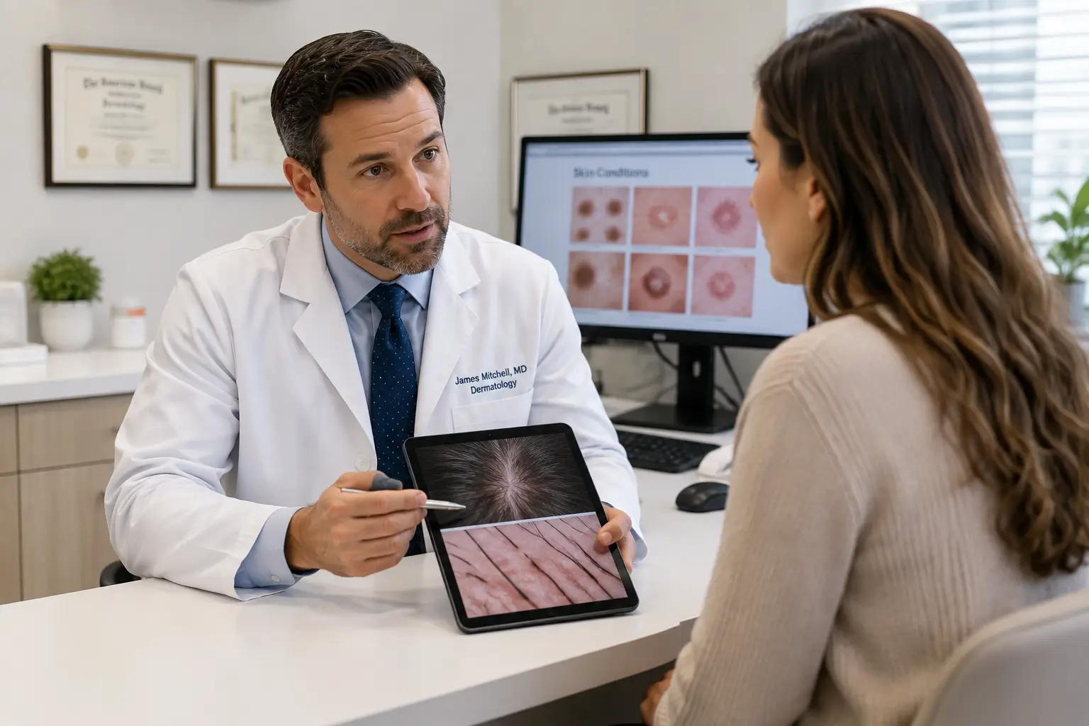 Dermatologist reviewing scalp and skin concerns with a woman during a medical consultation