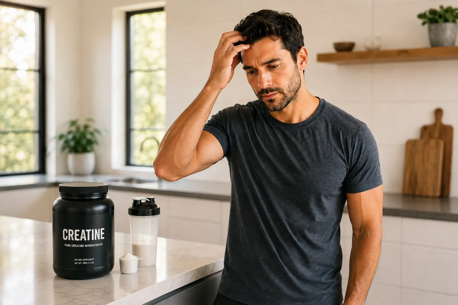 Man looking concerned about hair shedding with a container of creatine on a kitchen counter
