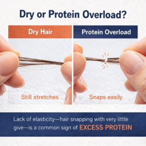 Hair elasticity test showing difference between dry hair and protein overload with hair snapping easily from excess protein