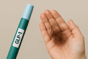 GLP-1 weight-loss injection pen beside a hand holding shedding hair, illustrating hair thinning associated with rapid weight loss.