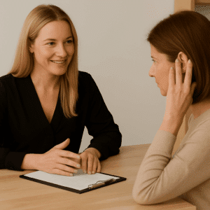 Hair loss specialist consulting with a client during a private evaluation, discussing concerns and next steps for treatment.