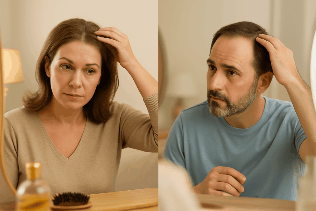 Man and woman examining their scalp and hair in a vanity mirror, representing early signs of thinning and the need for scalp evaluation or hair loss solutions.
