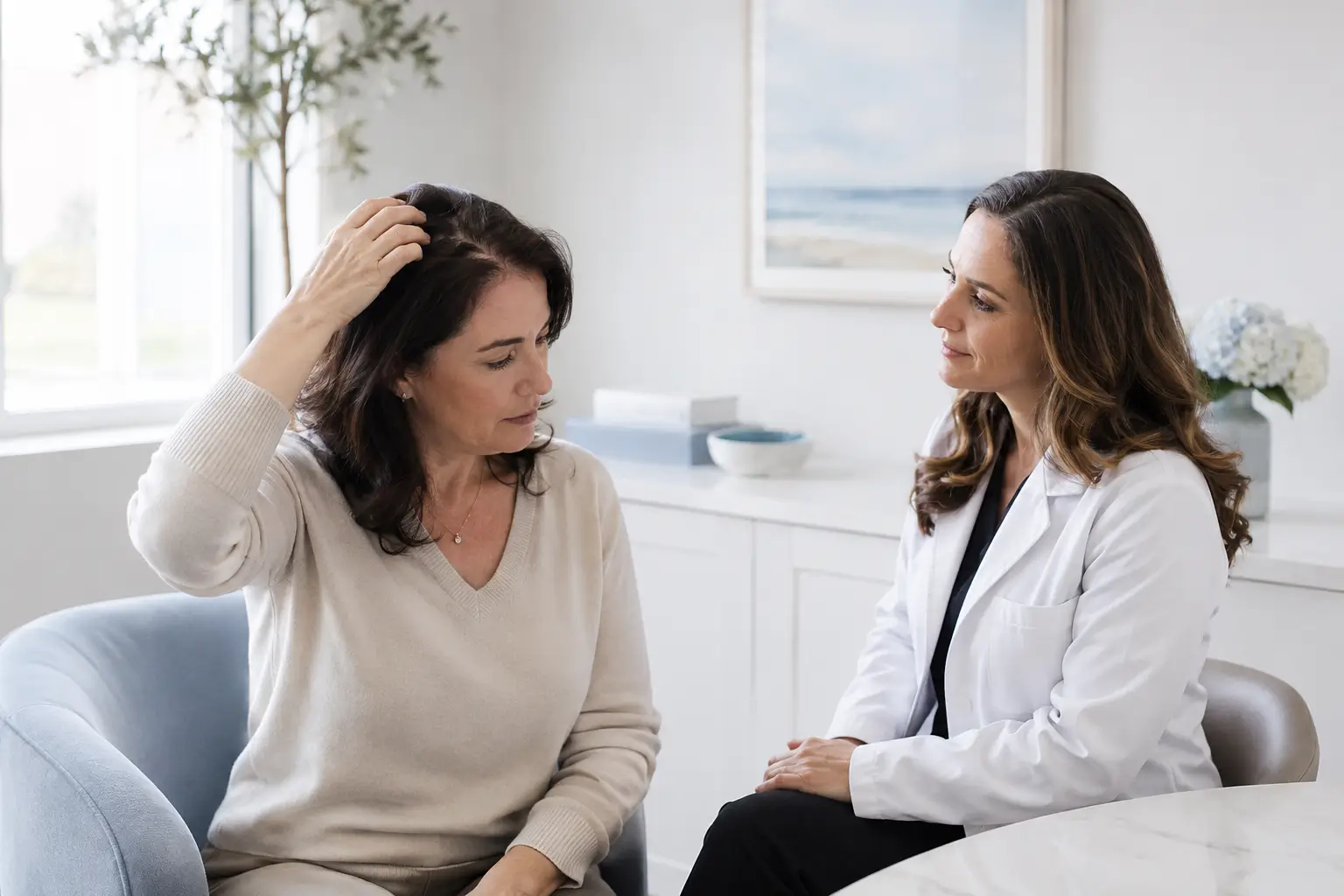Woman discussing hair thinning concerns with a hair and scalp specialist during a private consultation in Fairview Park.