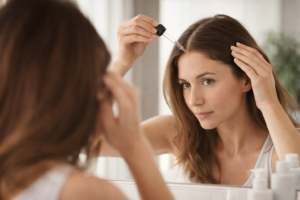 Woman applying scalp treatment as part of a consistent hair shedding treatment routine