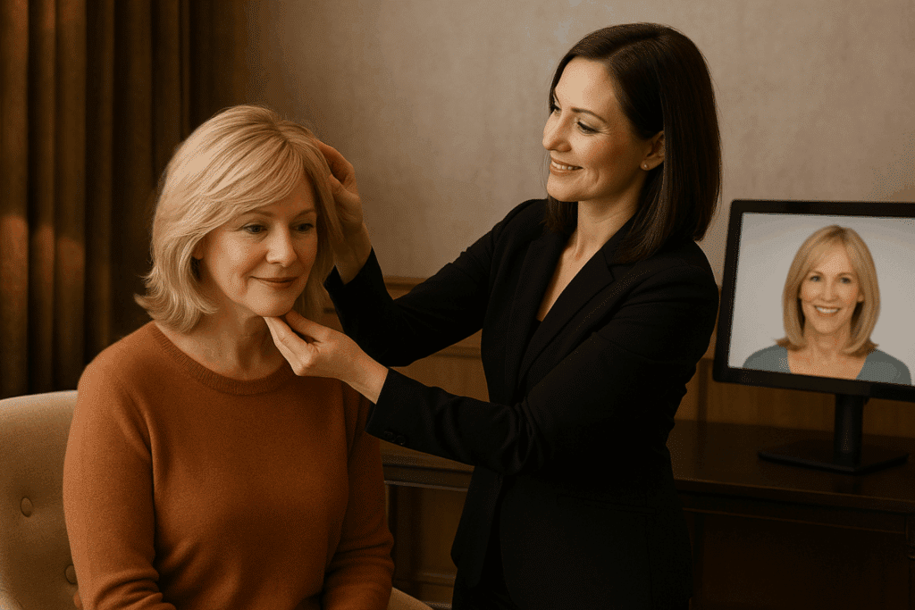 Hair loss specialist adjusting a custom wig on a woman in a warm, high-end consultation room, representing the Hair Solution Consultation experience.